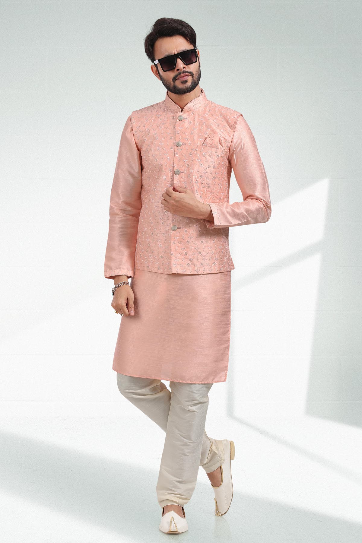 Peach Colour Art Silk Thread Work Kurta Pajama With Jacket