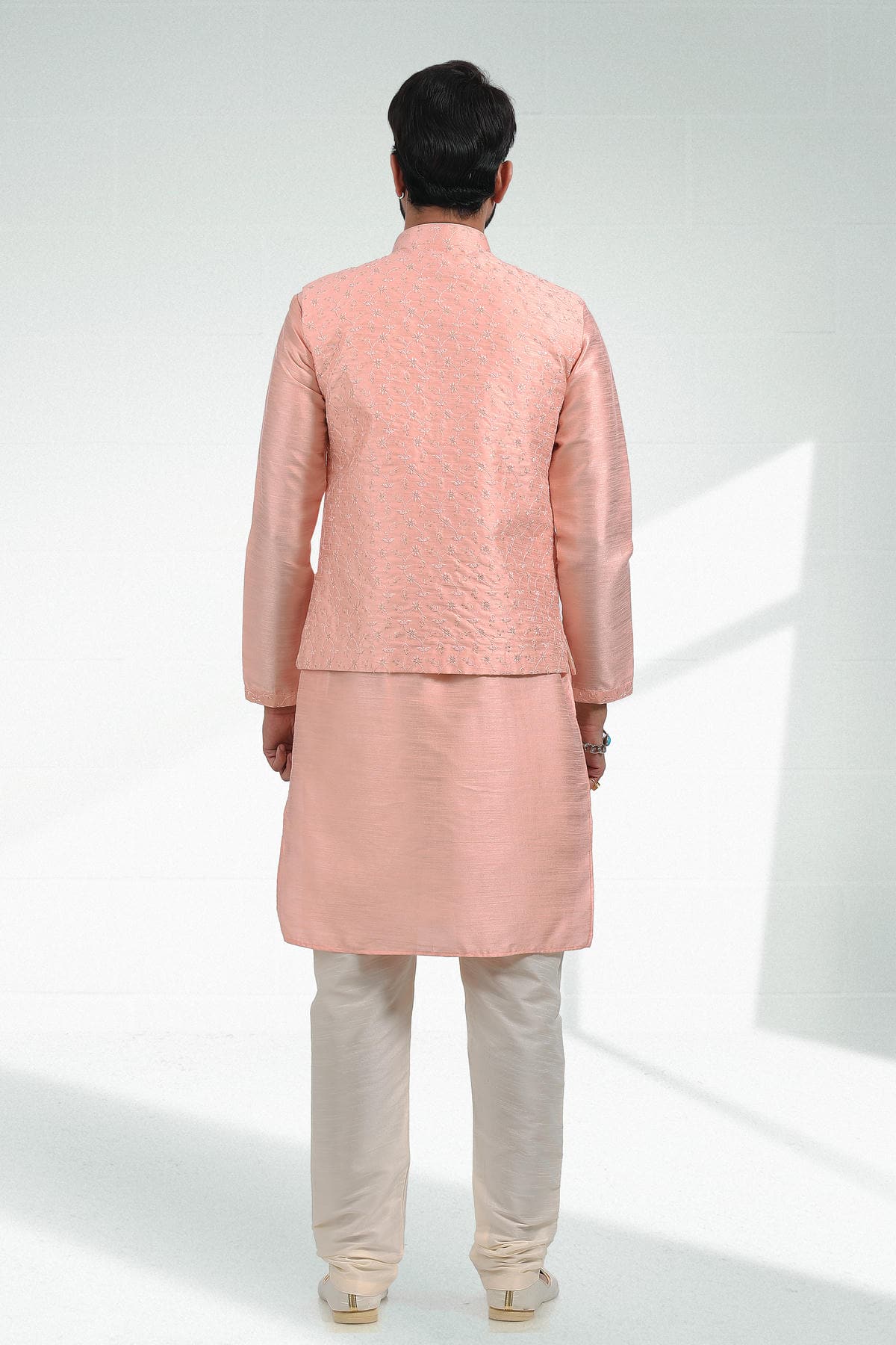 Peach Colour Art Silk Thread Work Kurta Pajama With Jacket