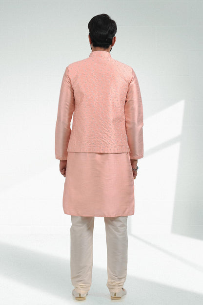 Peach Colour Art Silk Thread Work Kurta Pajama With Jacket