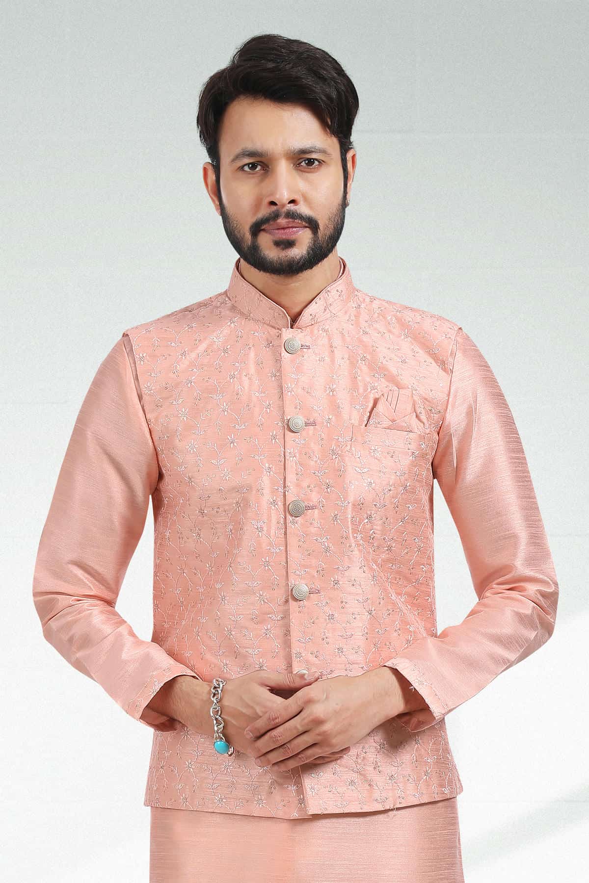 Peach Colour Art Silk Thread Work Kurta Pajama With Jacket
