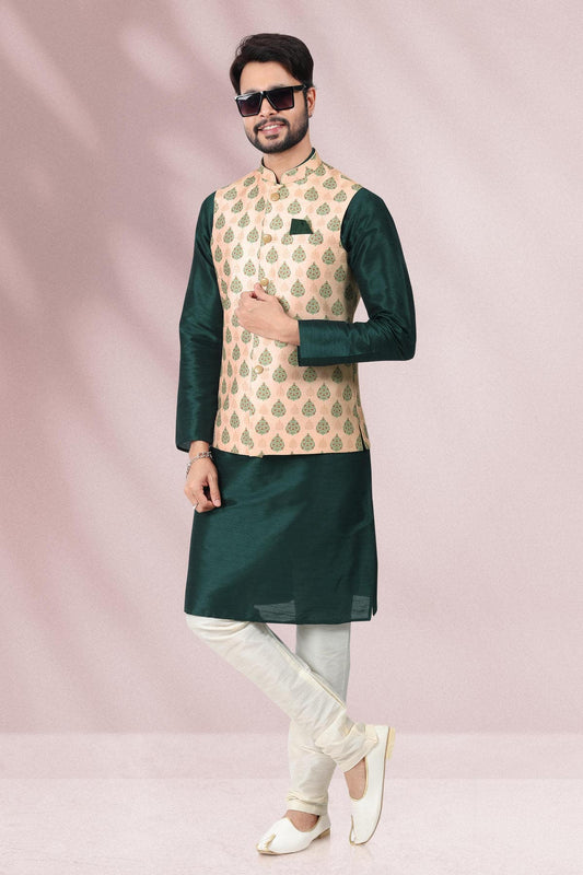 Peach Colour Banarasi Silk Woven Work Kurta Pajama With Jacket