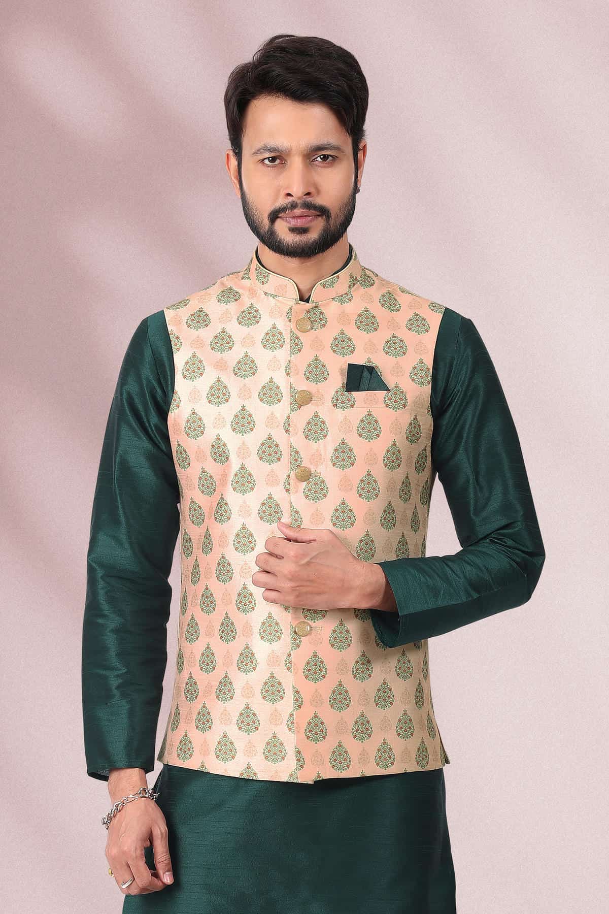 Peach Colour Banarasi Silk Woven Work Kurta Pajama With Jacket