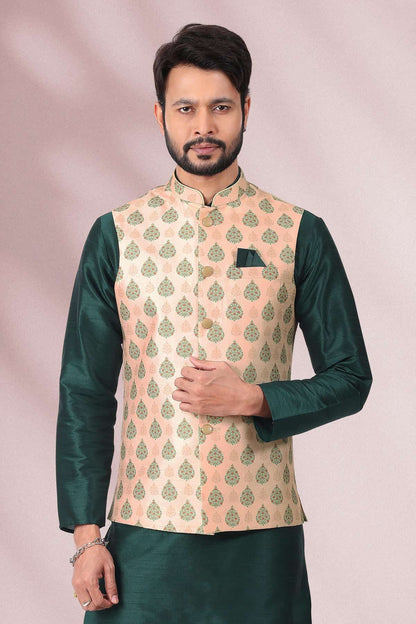 Peach Colour Banarasi Silk Woven Work Kurta Pajama With Jacket