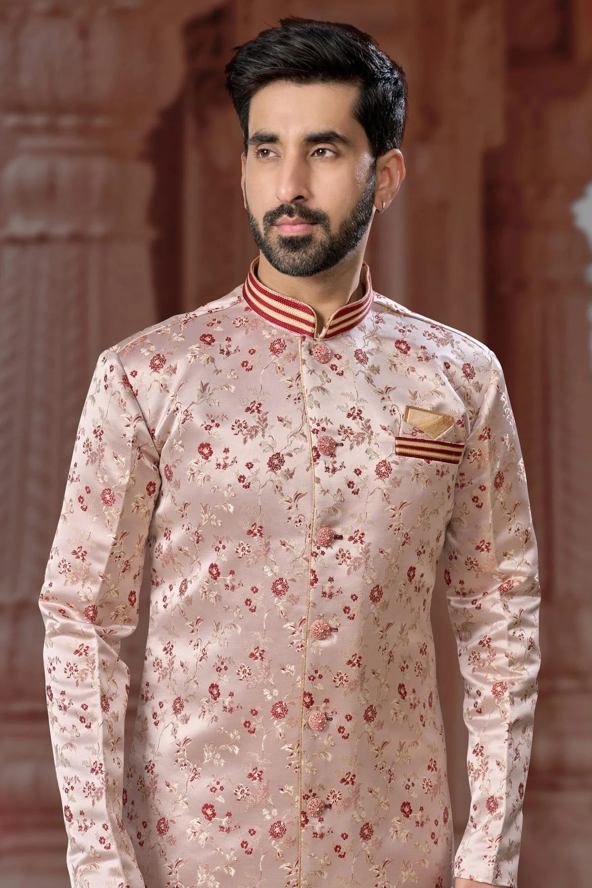Peach Colour Banarasi Soft Jacquard Sherwani SH1040562 A