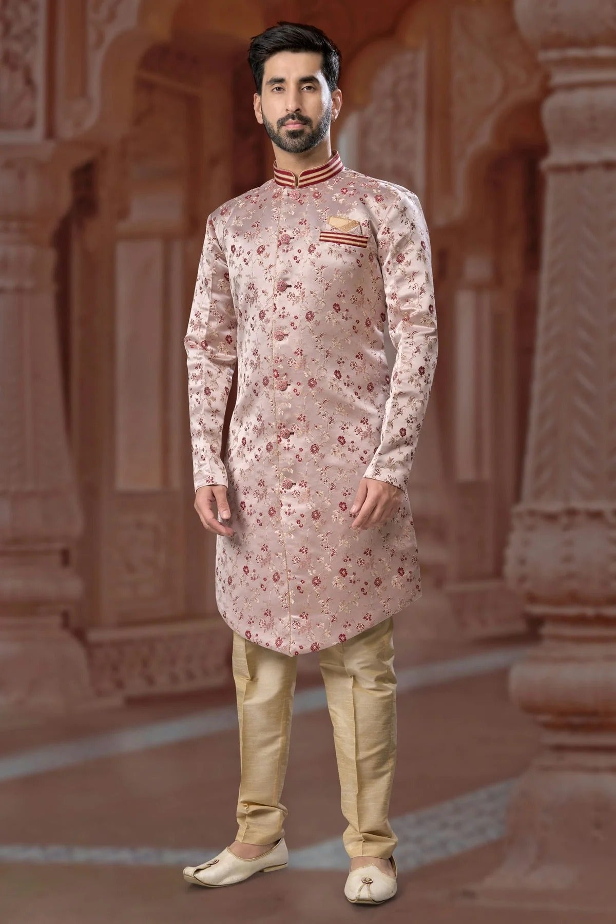 Peach Colour Banarasi Soft Jacquard Sherwani SH1040562