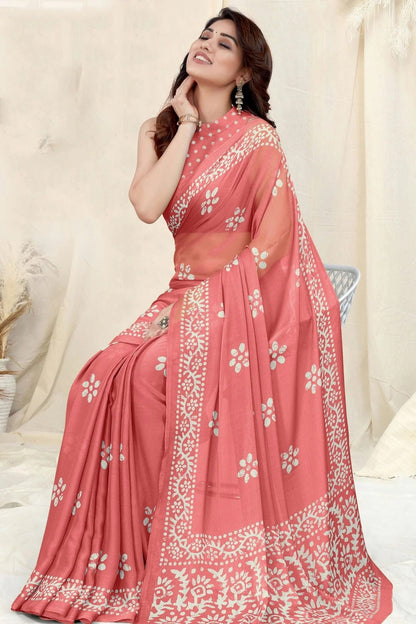 Peach Colour Chinon Chiffon Printed Saree SD1180131