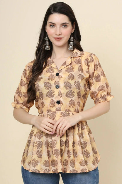 Peach Colour Cotton Printed Work Readymade Top TP1110777