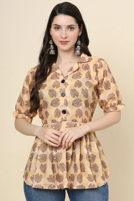 Peach Colour Cotton Printed Work Readymade Top TP1110777