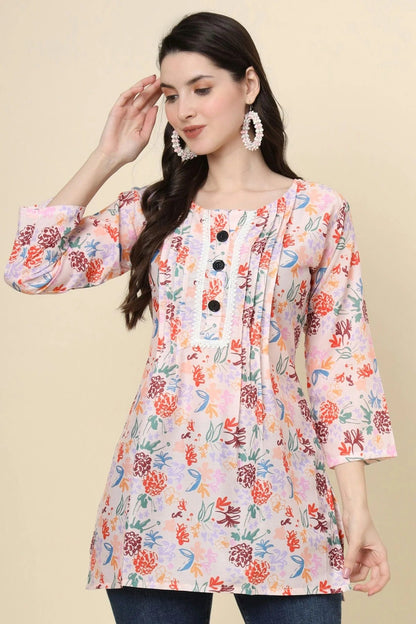 Peach Colour Cotton Printed Work Readymade Top TP1110779