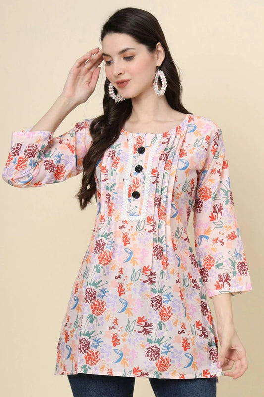 Peach Colour Cotton Printed Work Readymade Top TP1110779