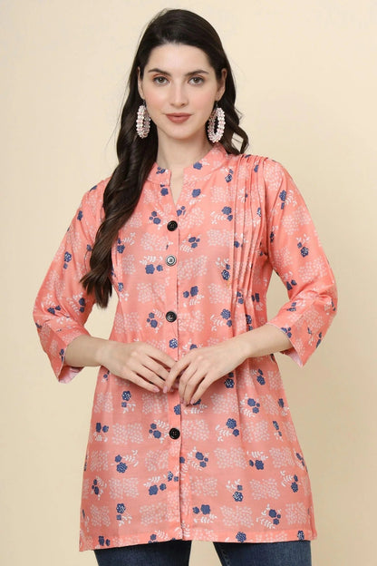 Peach Colour Cotton Printed Work Readymade Top TP1110785