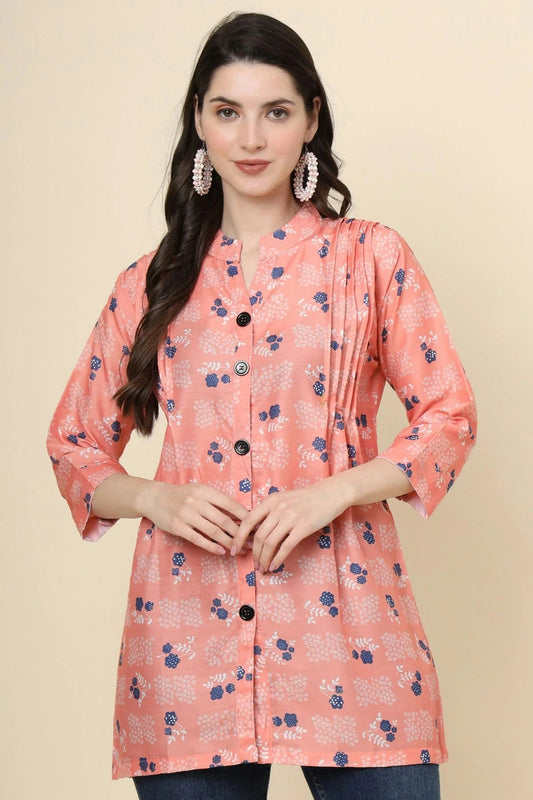 Peach Colour Cotton Printed Work Readymade Top TP1110785