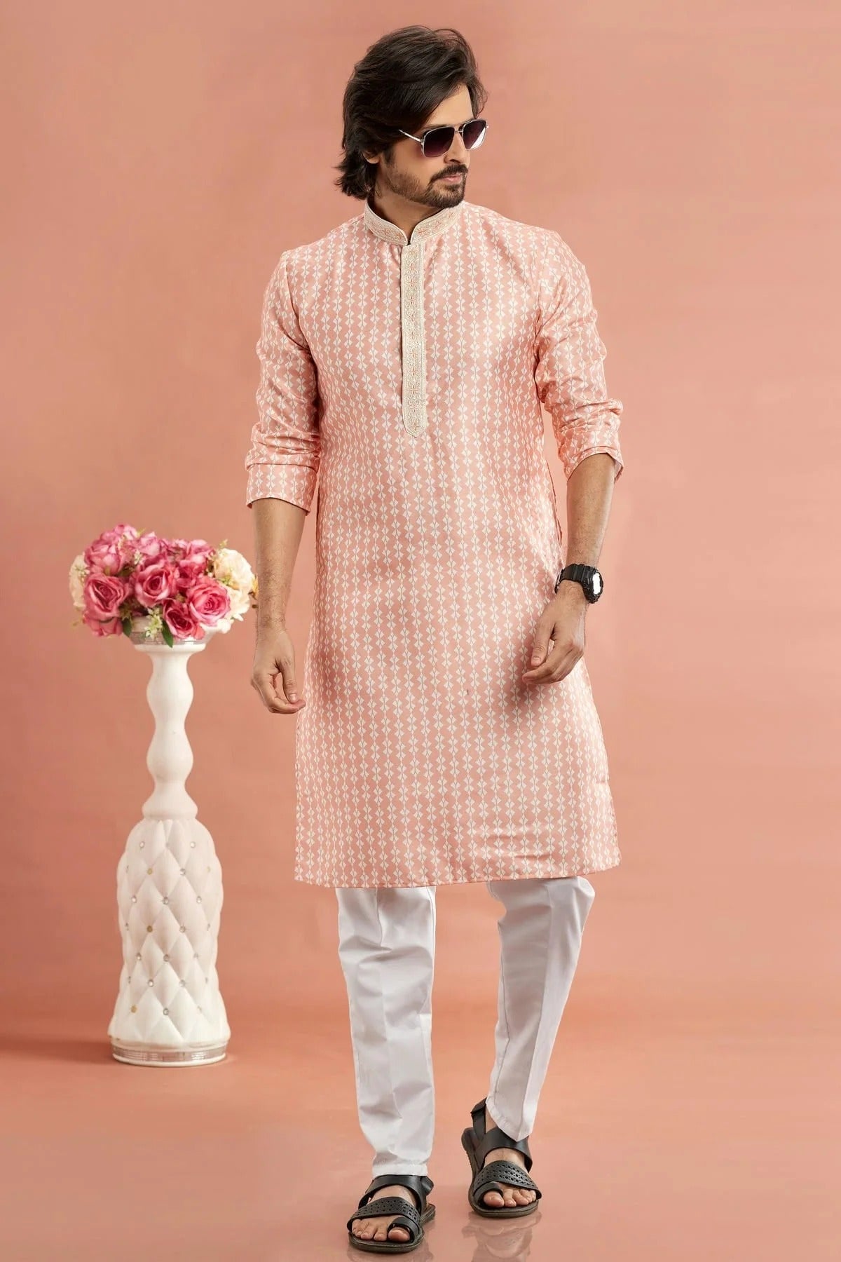 Peach Colour Cotton Thread Work Kurta Pajama KP1230169 A