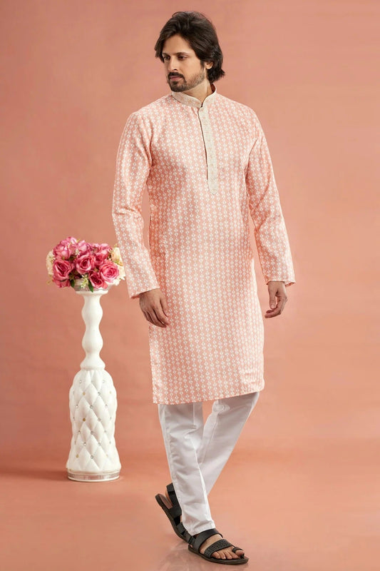 Peach Colour Cotton Thread Work Kurta Pajama KP1230169