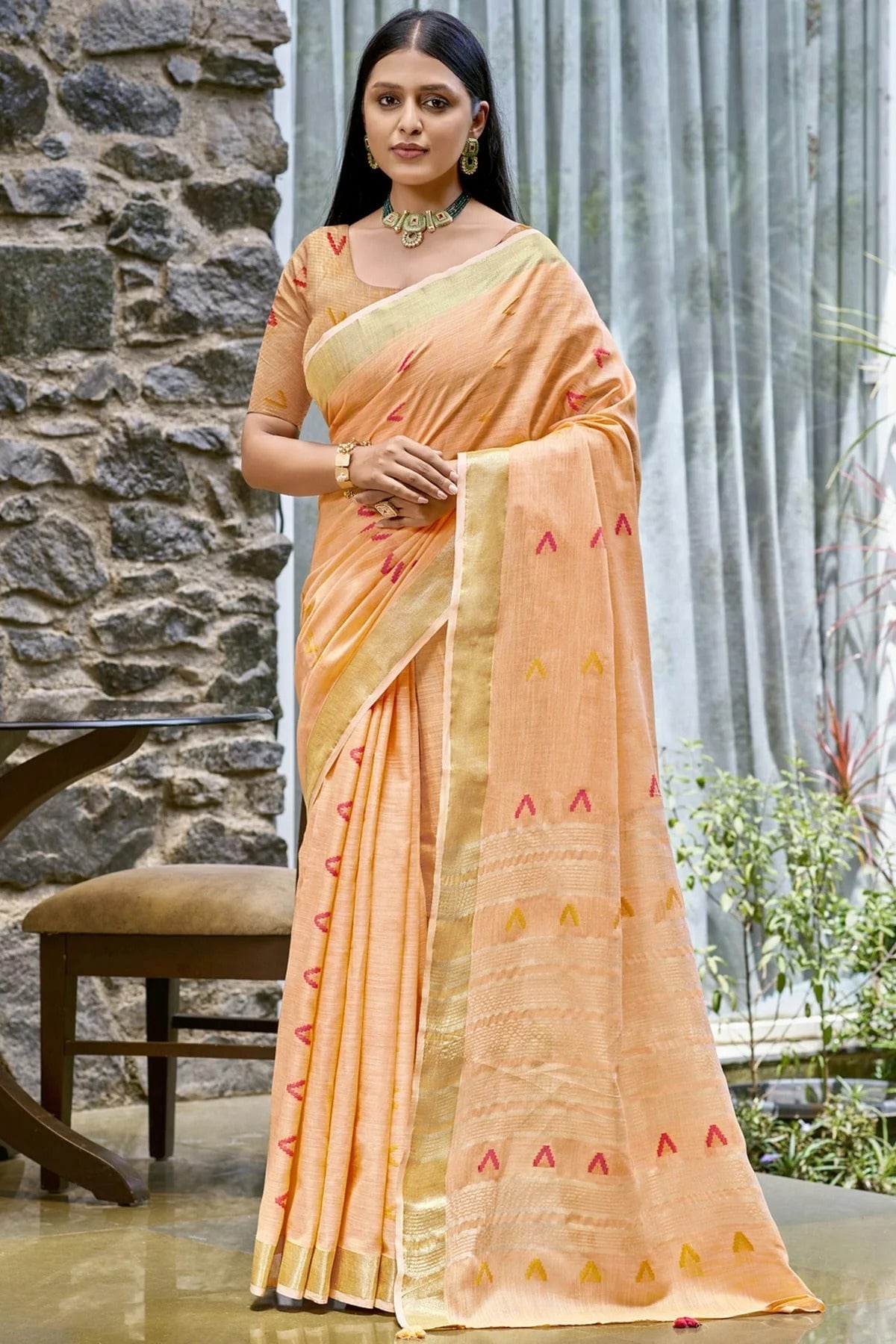 Peach Colour Cotton Woven Work Traditional Saree SD1103109
