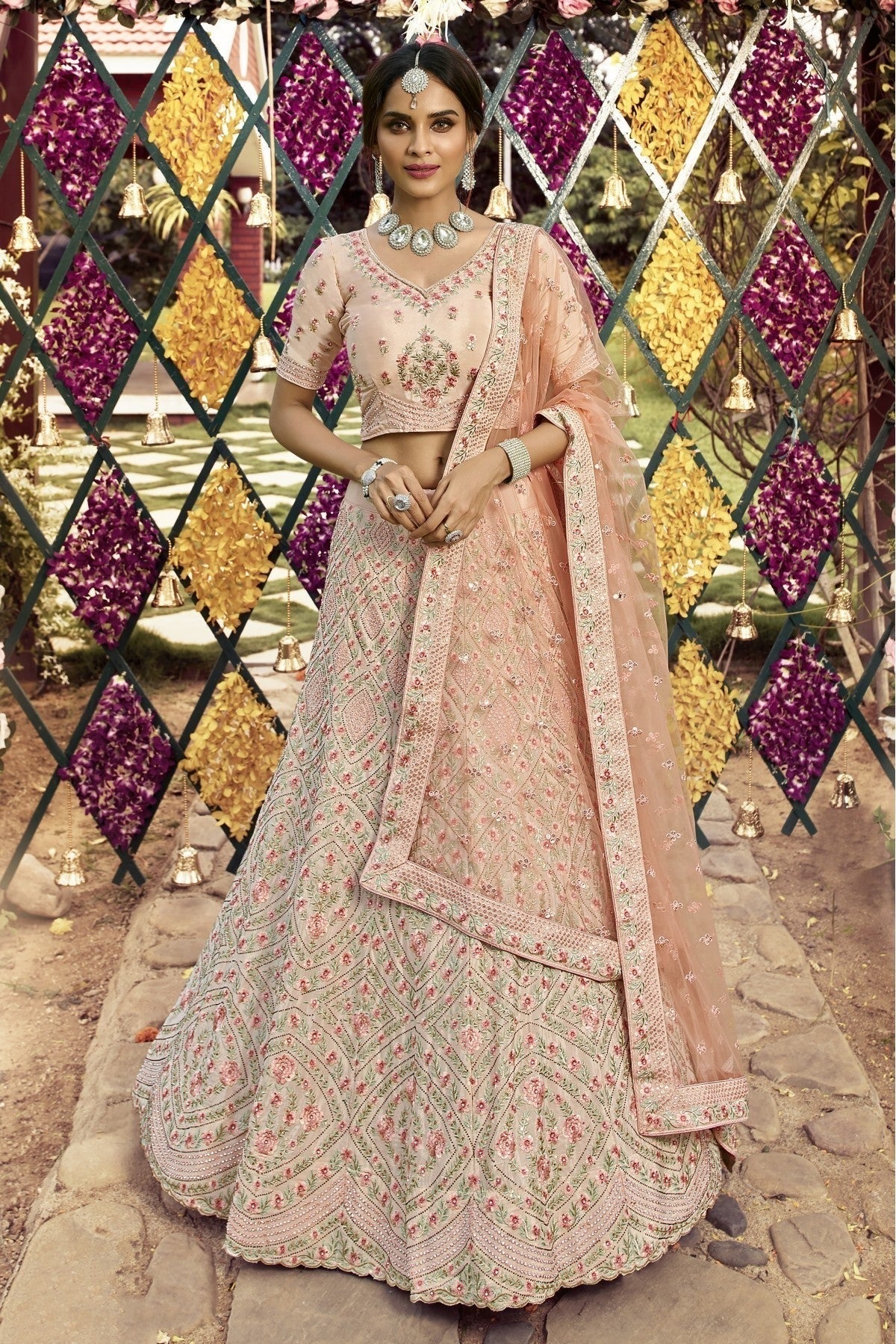 Peach Colour Crepe Embroidery Bridal Lehenga Choli LC1080081