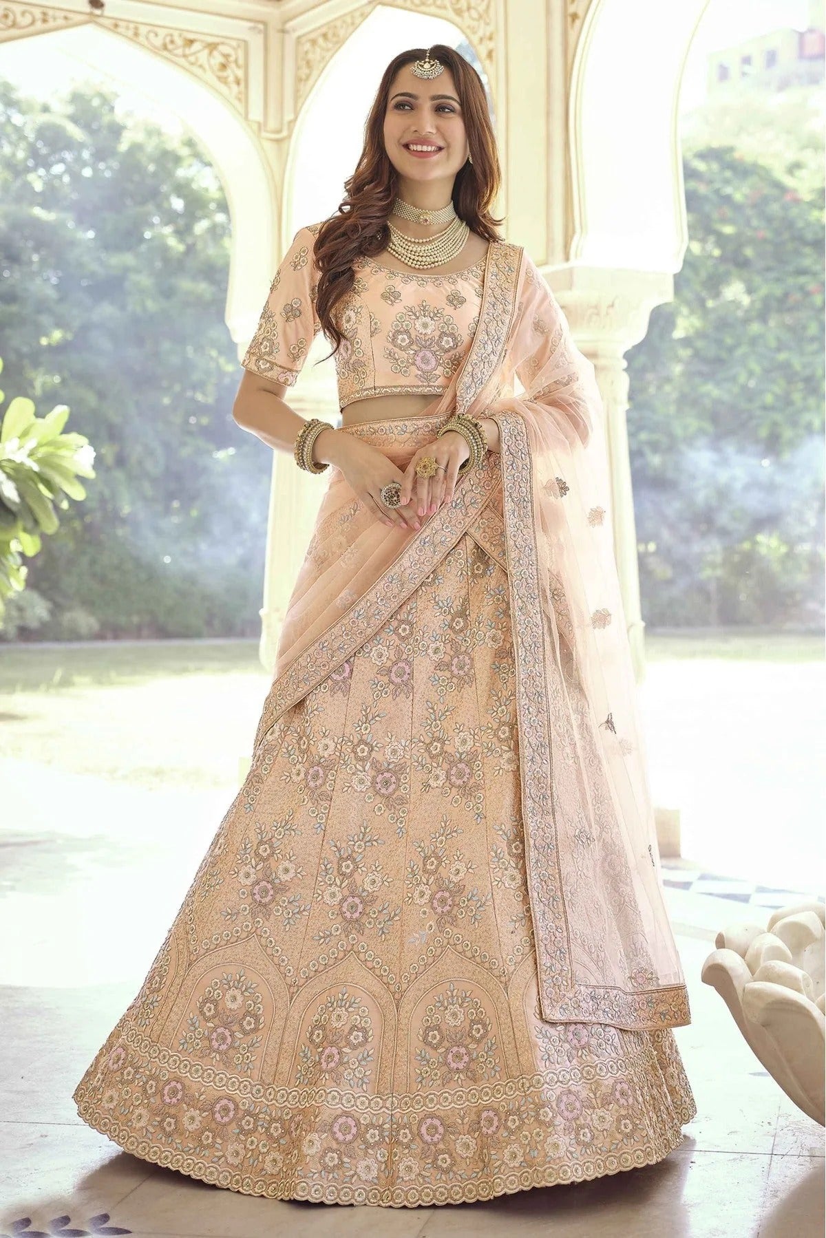 Peach Colour Crepe Sequins Work Lehenga Choli LC1080607