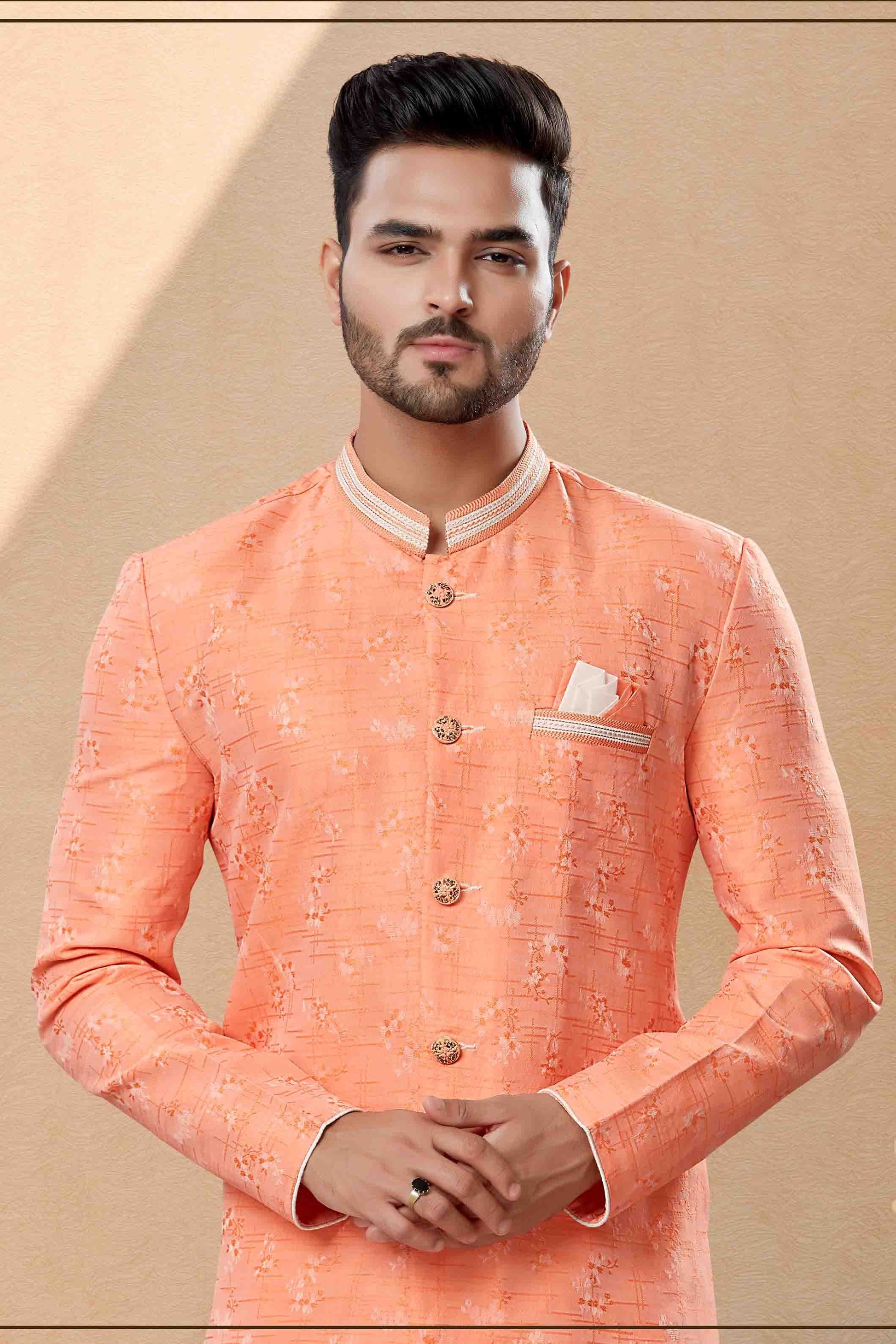 Peach Colour Dhoti Sherwani In Banarasi Jacquard Fabric SH1040396 A