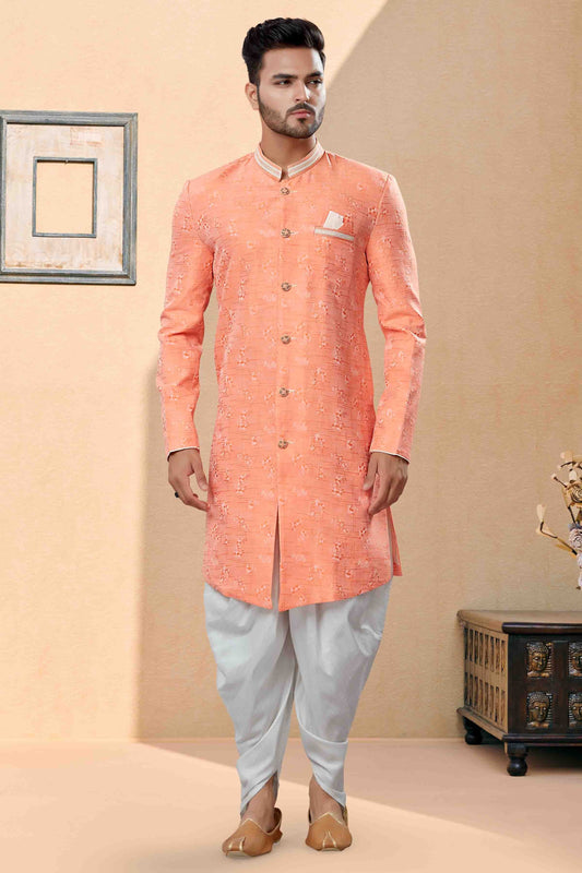 Peach Colour Dhoti Sherwani In Banarasi Jacquard Fabric SH1040396