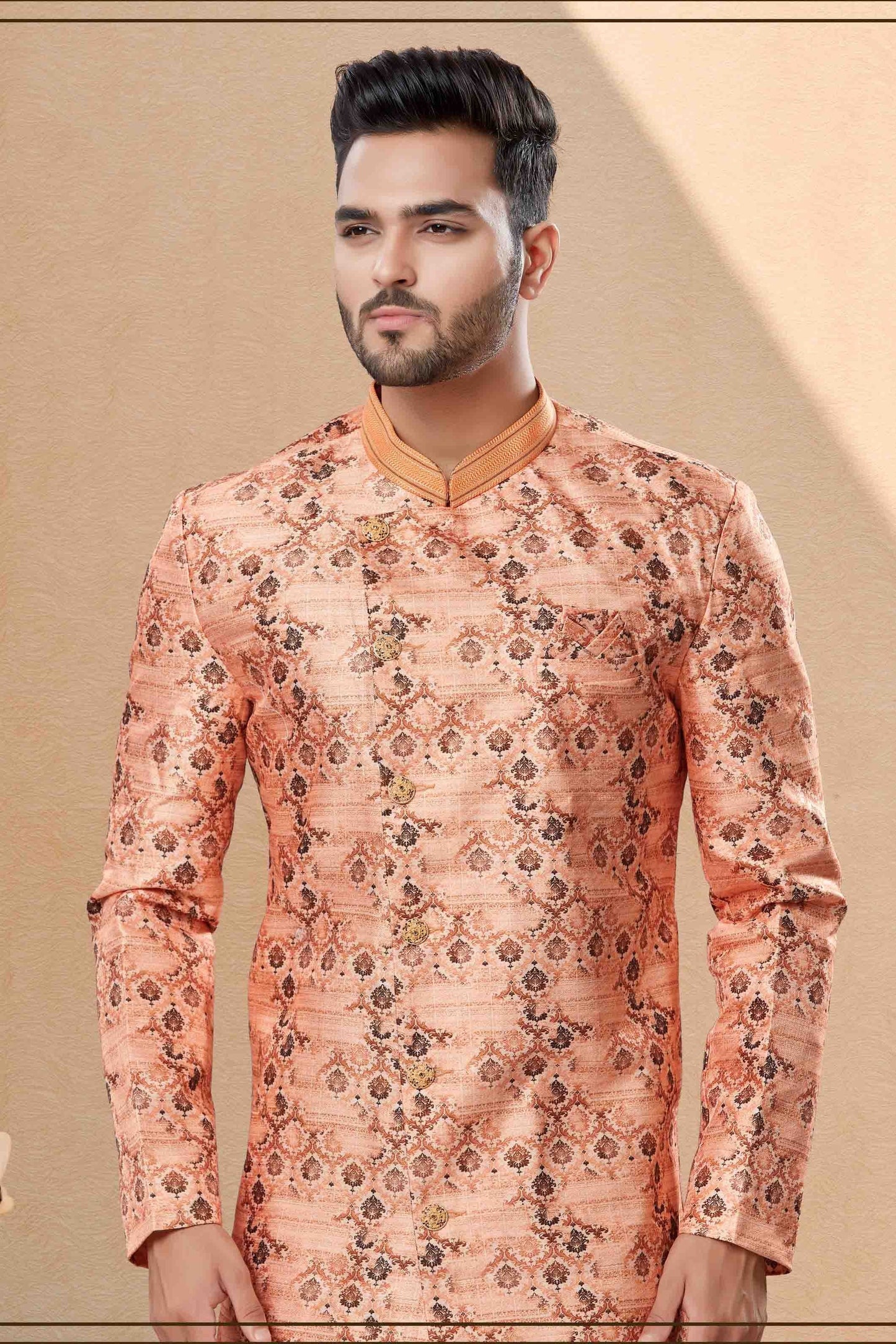 Peach Colour Dhoti Sherwani In Jacquard Fabric SH1040393 A