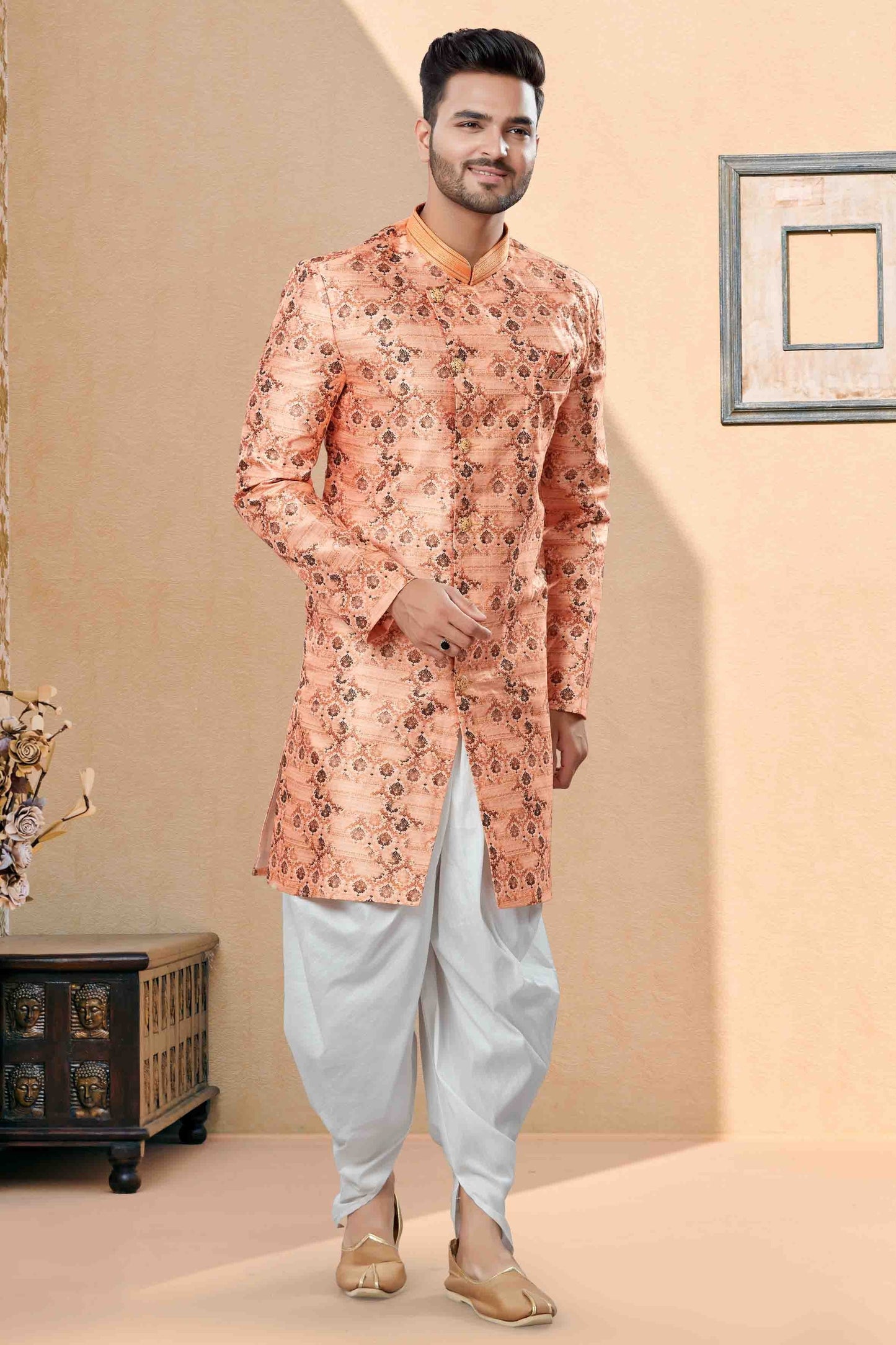 Peach Colour Dhoti Sherwani In Jacquard Fabric SH1040393