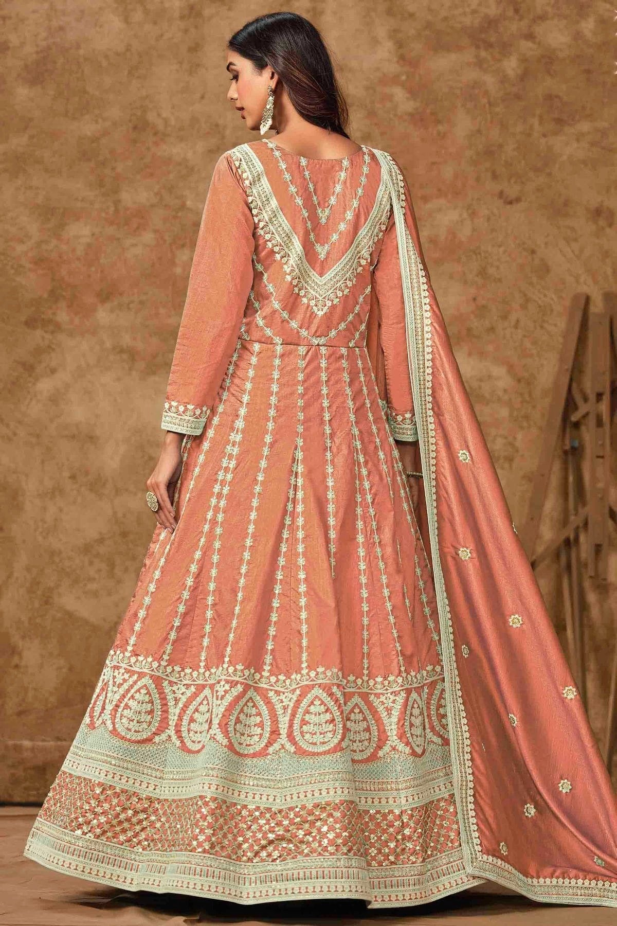 Peach Colour Dola Silk Semi Stitched Anarkali Suit SM1050704 A