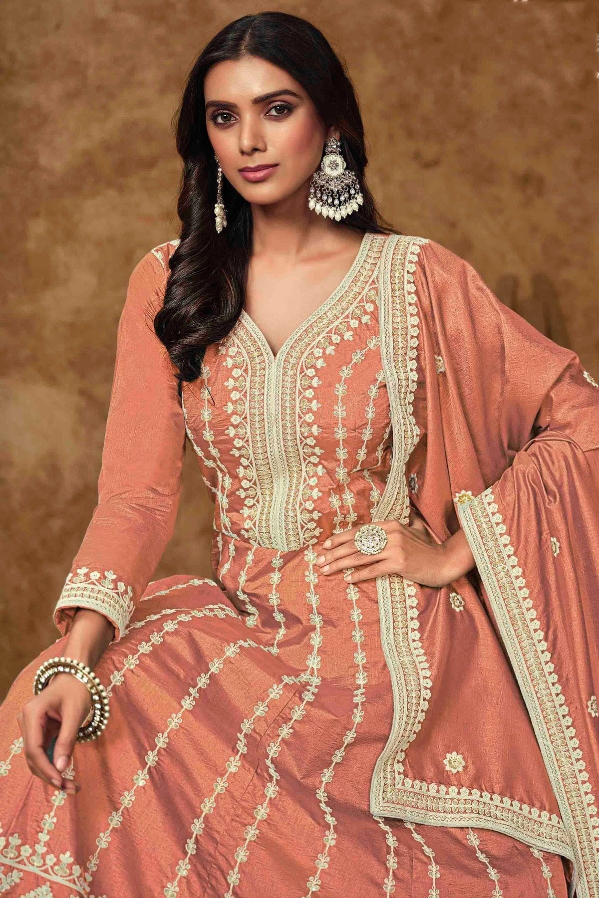 Peach Colour Dola Silk Semi Stitched Anarkali Suit SM1050704 B
