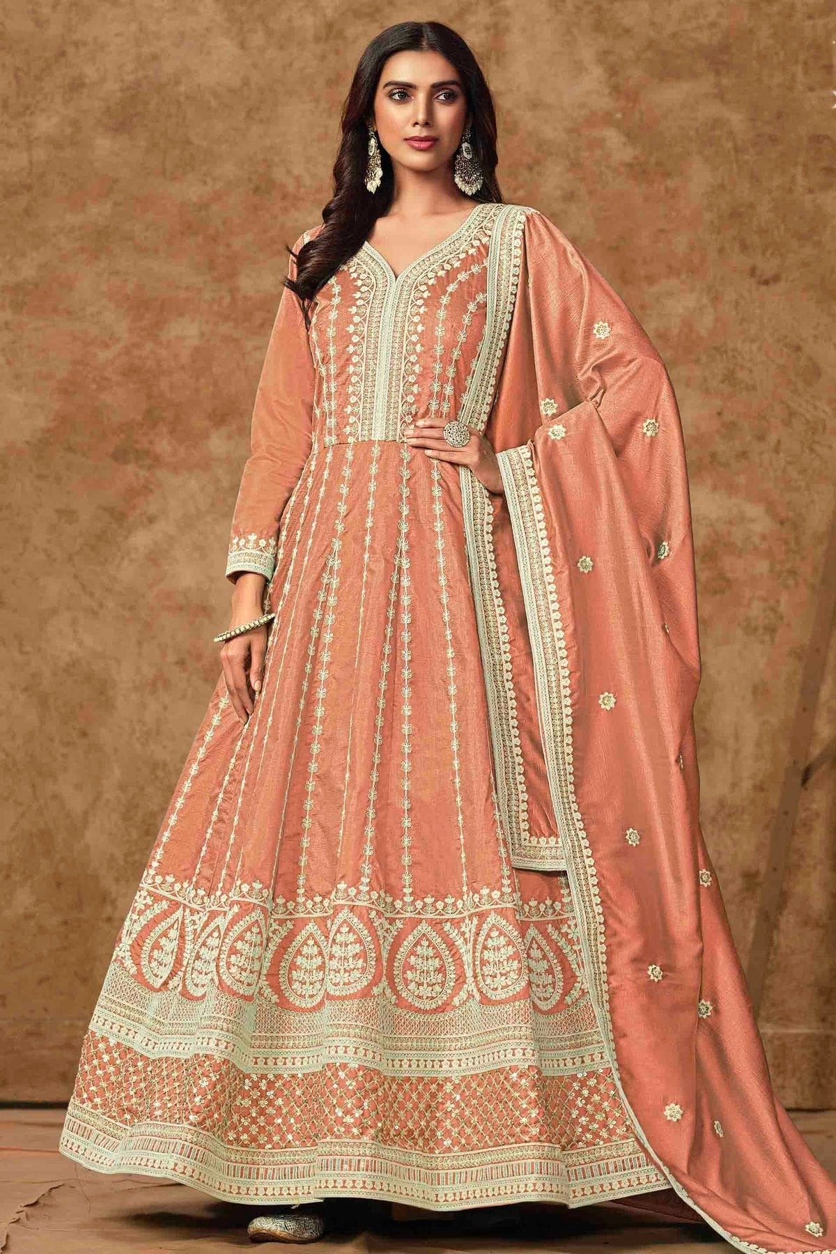 Peach Colour Dola Silk Semi Stitched Anarkali Suit SM1050704
