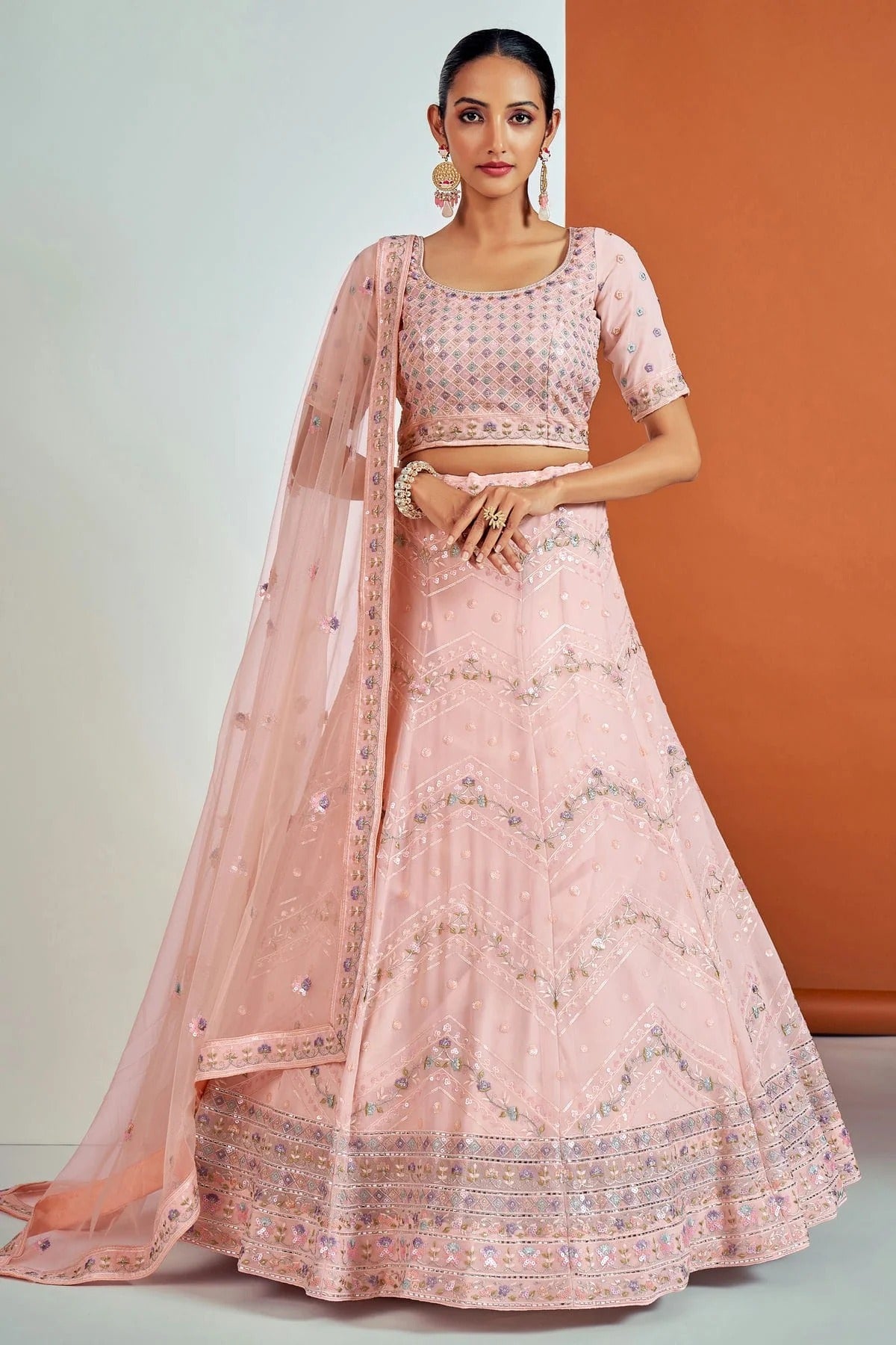 Peach Colour Embroidery Georgette Lehenga Choli LD1080675