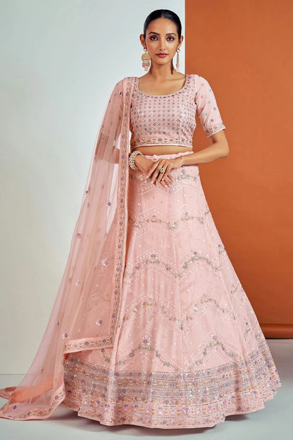 Peach Colour Embroidery Georgette Lehenga Choli LD1080675