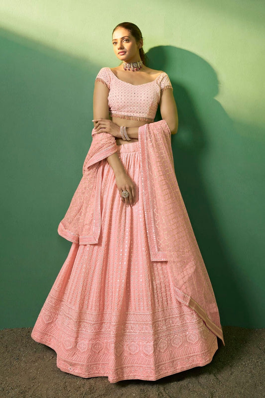 Peach Colour Embroidery Georgette Lehenga Choli LD1080781