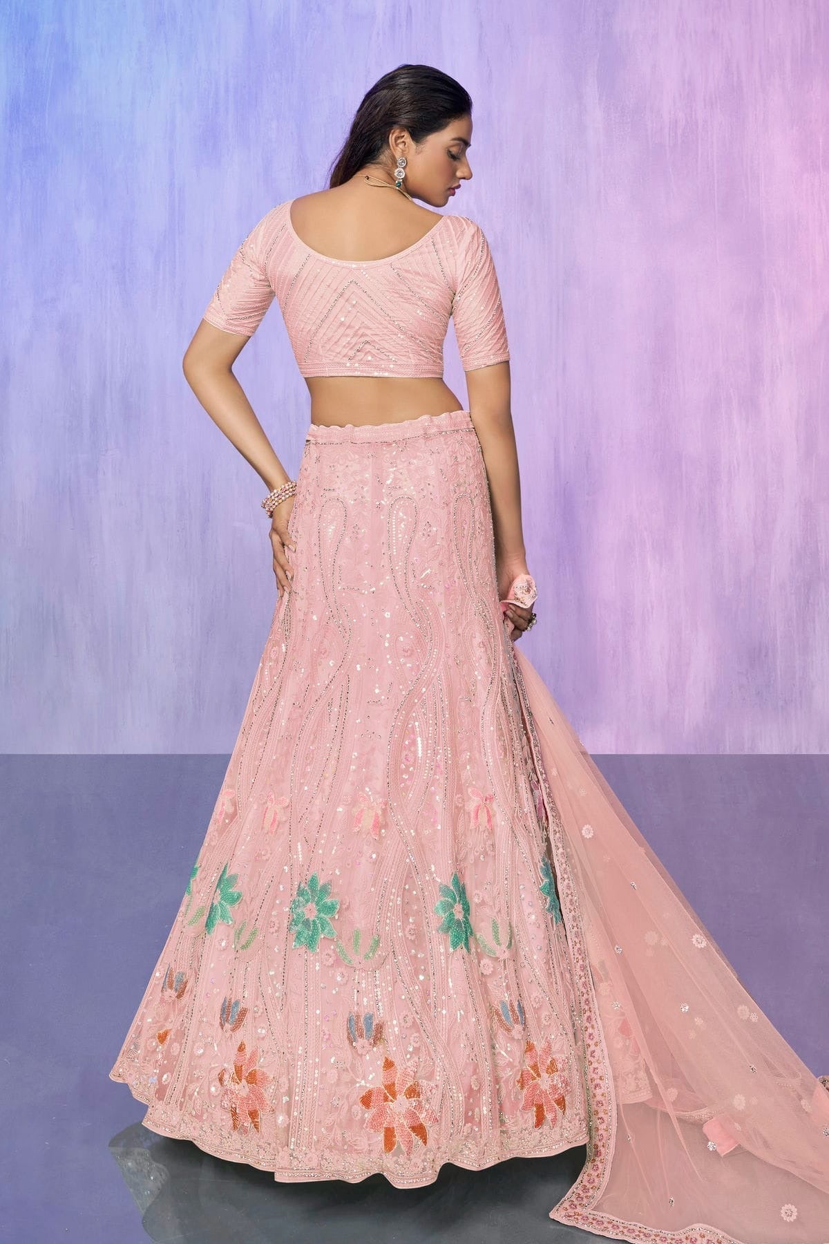 Peach Colour Embroidery Net Lehenga Choli LD1080740 A