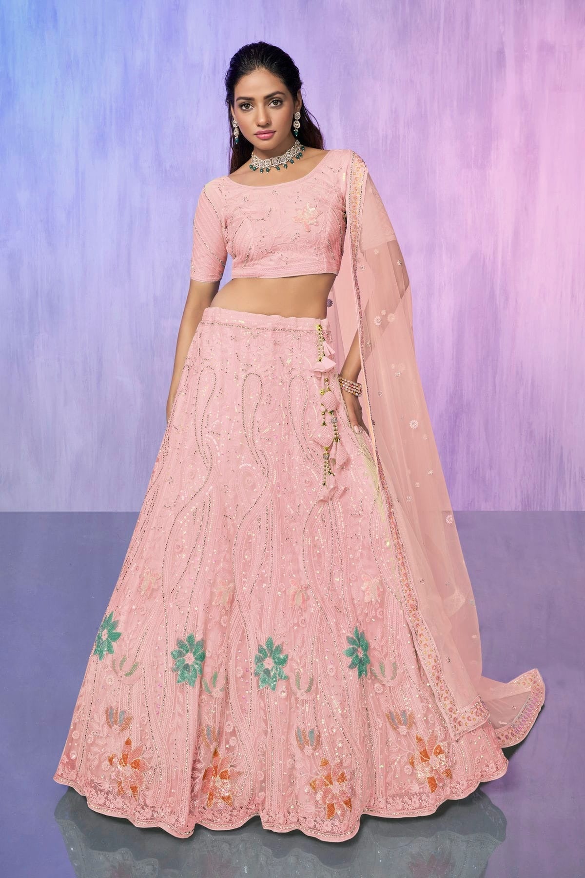 Peach Colour Embroidery Net Lehenga Choli LD1080740