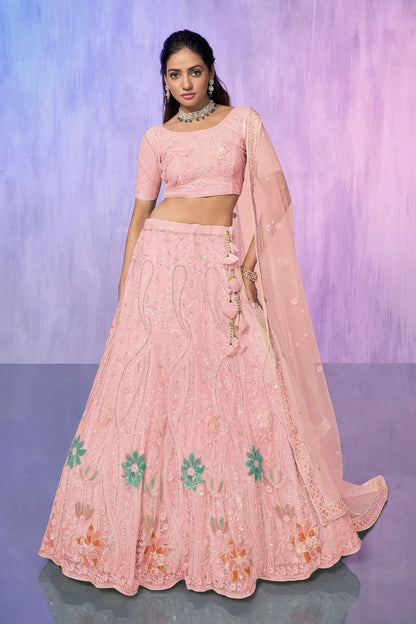 Peach Colour Embroidery Net Lehenga Choli LD1080740