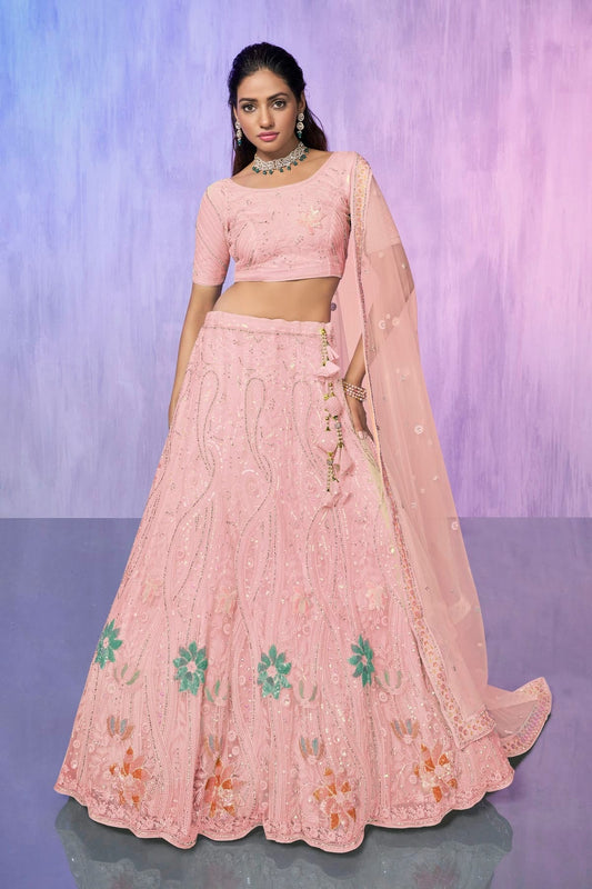 Peach Colour Embroidery Net Lehenga Choli LD1080740