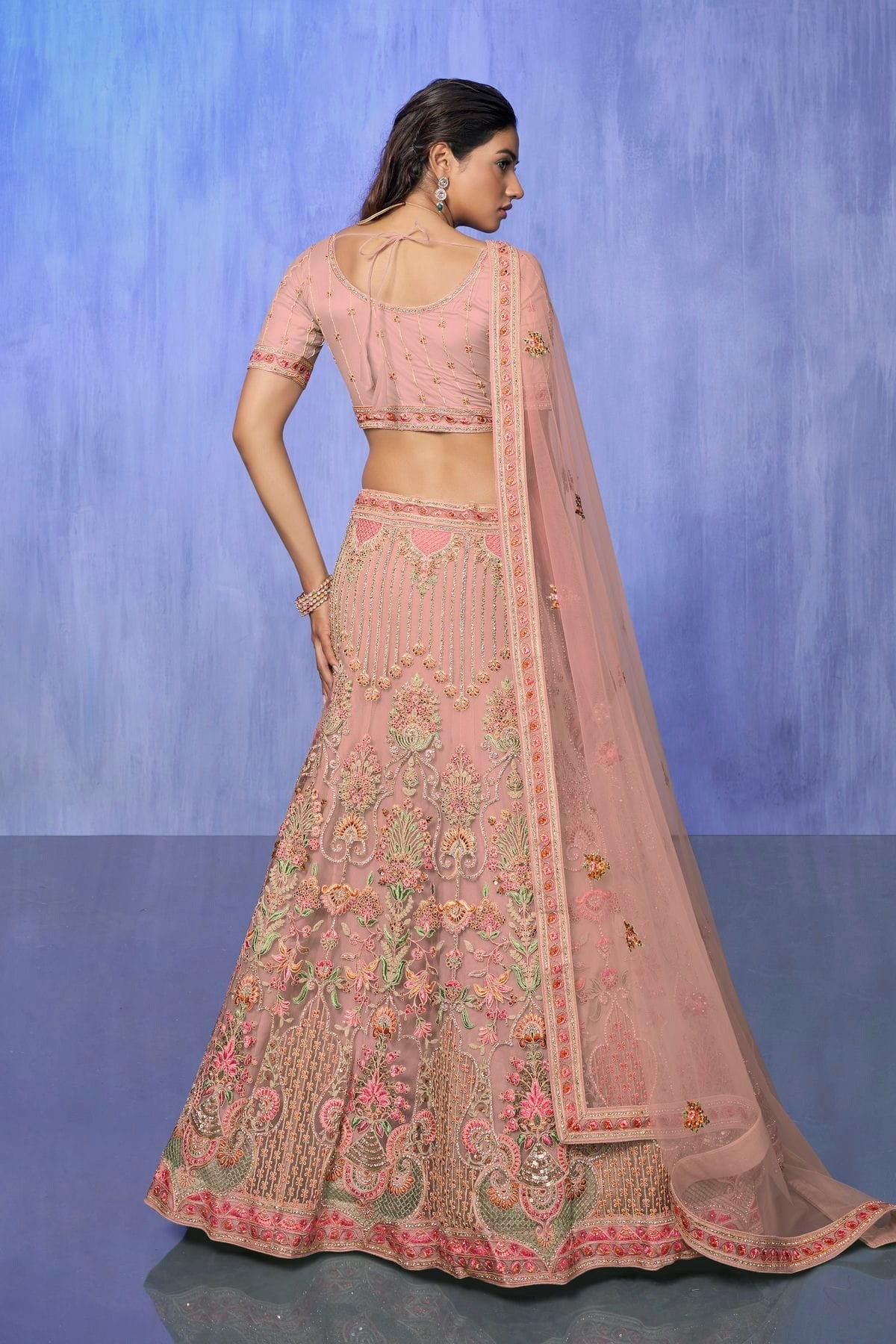 Peach Colour Embroidery Net Lehenga Choli LD1080745 A