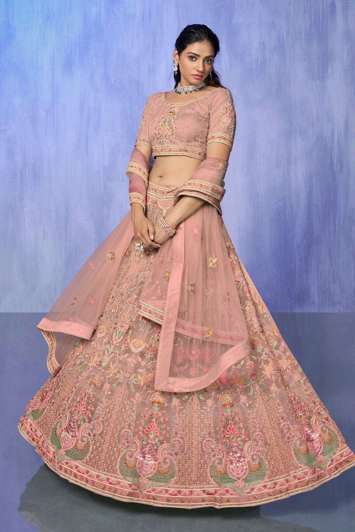 Peach Colour Embroidery Net Lehenga Choli LD1080745