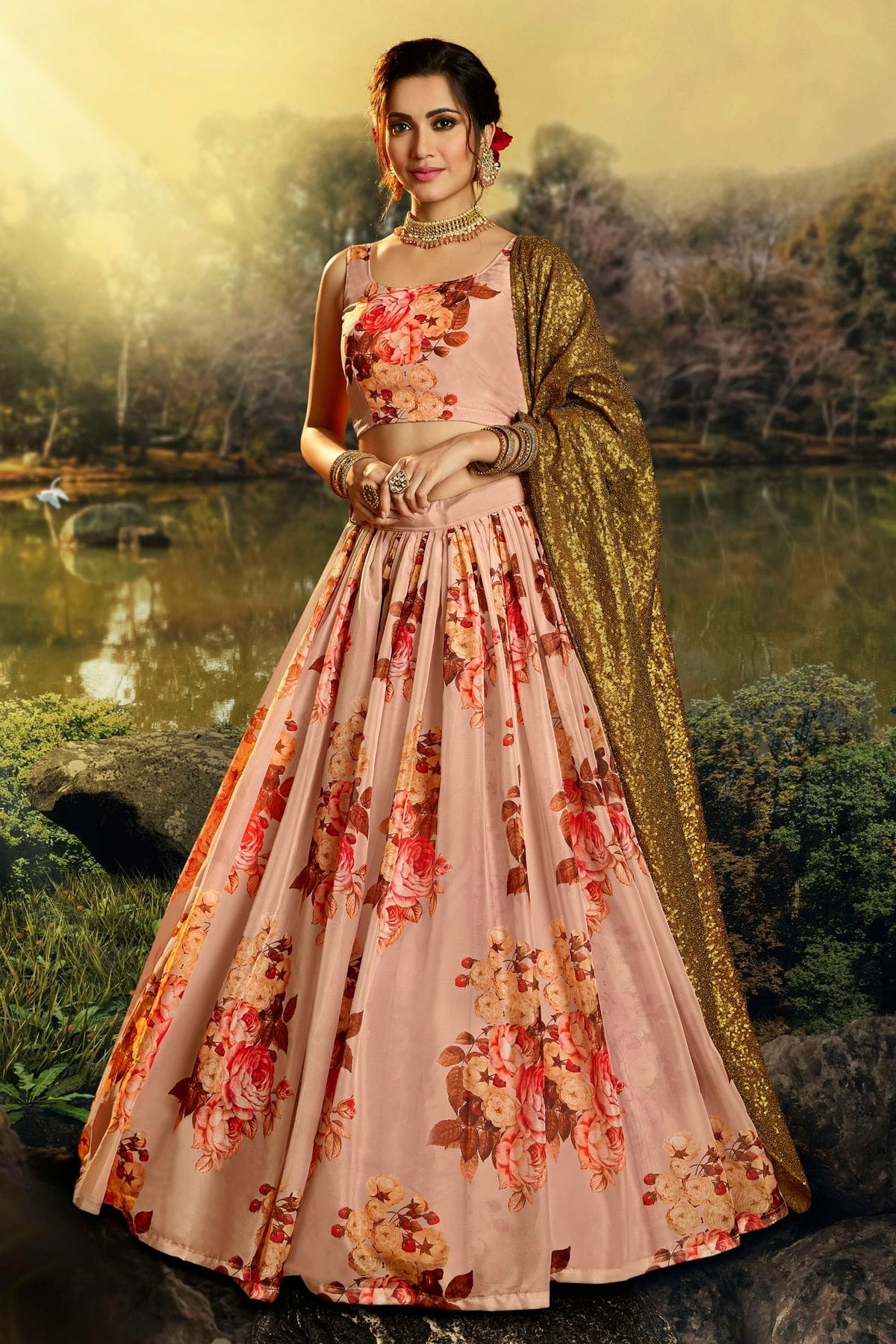Peach Colour Embroidery Organza Lehenga Choli LD1080681