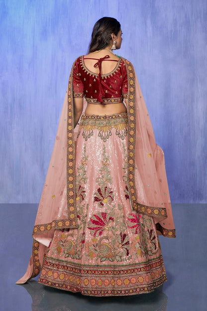 Peach Colour Embroidery Velvet Lehenga Choli LD1080746 A