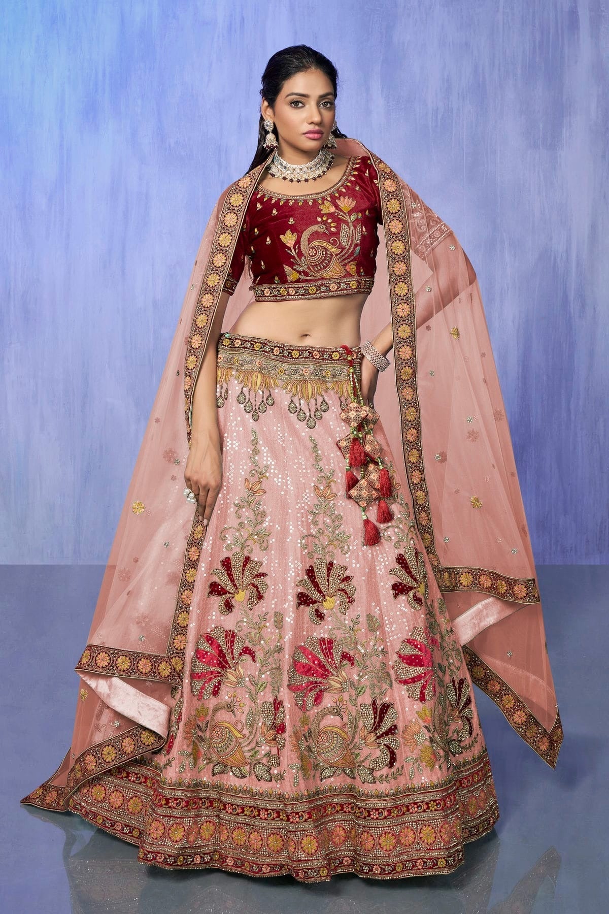 Peach Colour Embroidery Velvet Lehenga Choli LD1080746