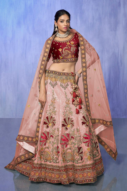 Peach Colour Embroidery Velvet Lehenga Choli LD1080746