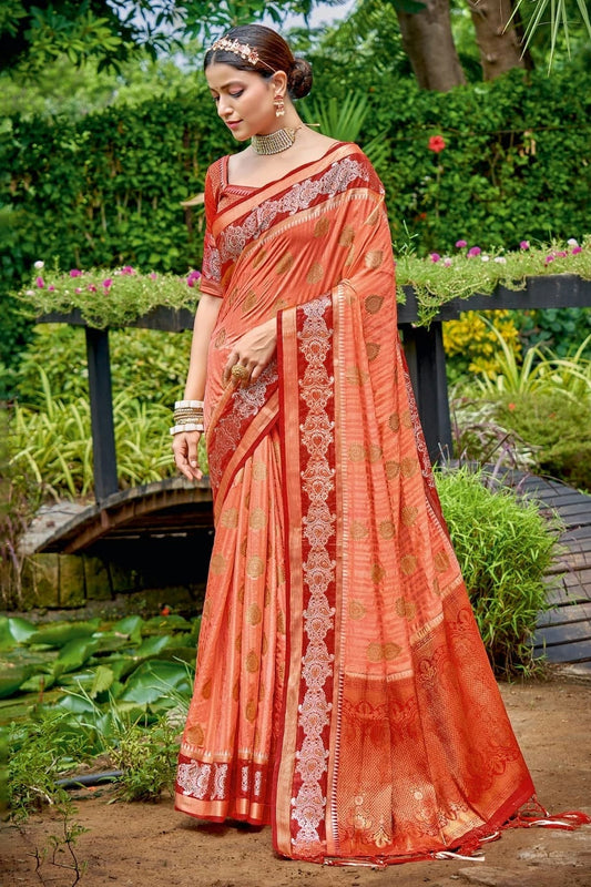 Peach Colour Embroidery Work Banarasi Silk Saree SD1101362