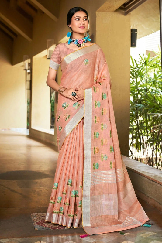 Peach Colour Embroidery Work Linen Saree SD1101538