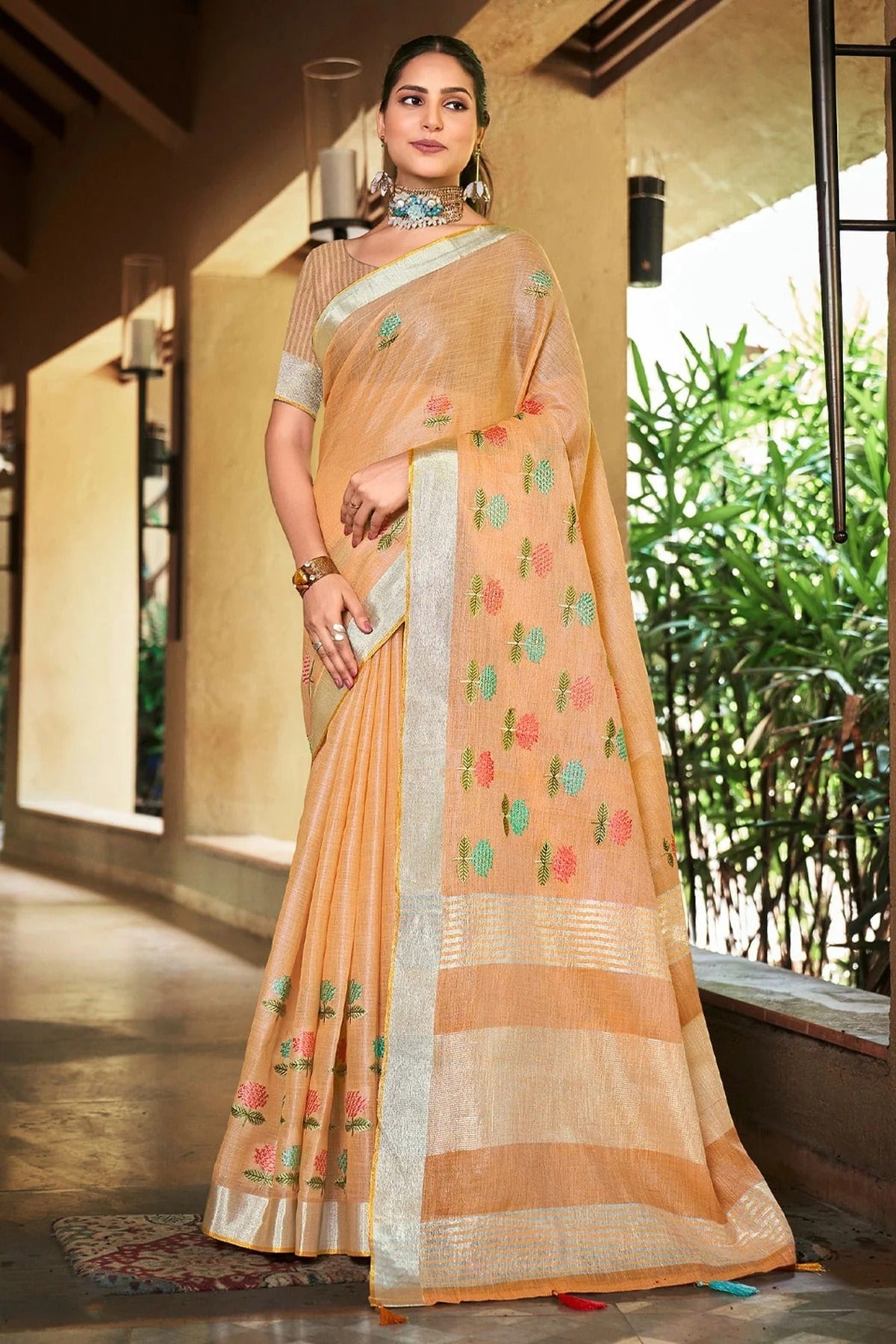 Peach Colour Embroidery Work Linen Saree SD1101540
