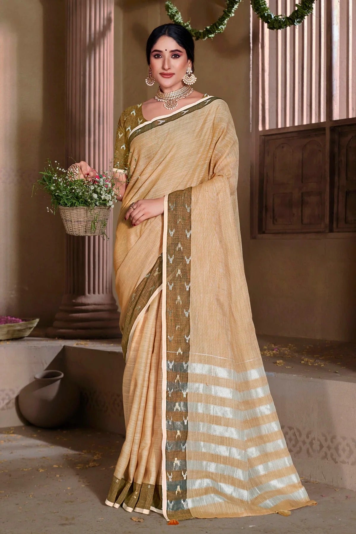 Peach Colour Embroidery Work Linen Saree SD1101549