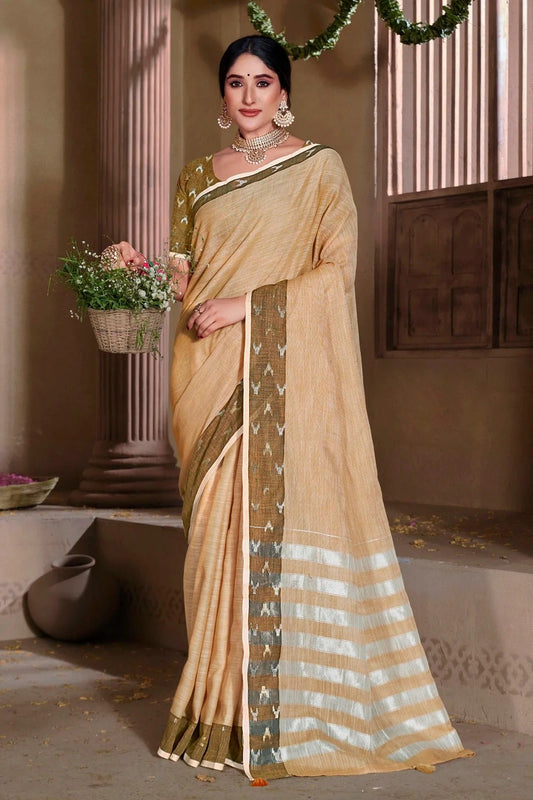 Peach Colour Embroidery Work Linen Saree SD1101549