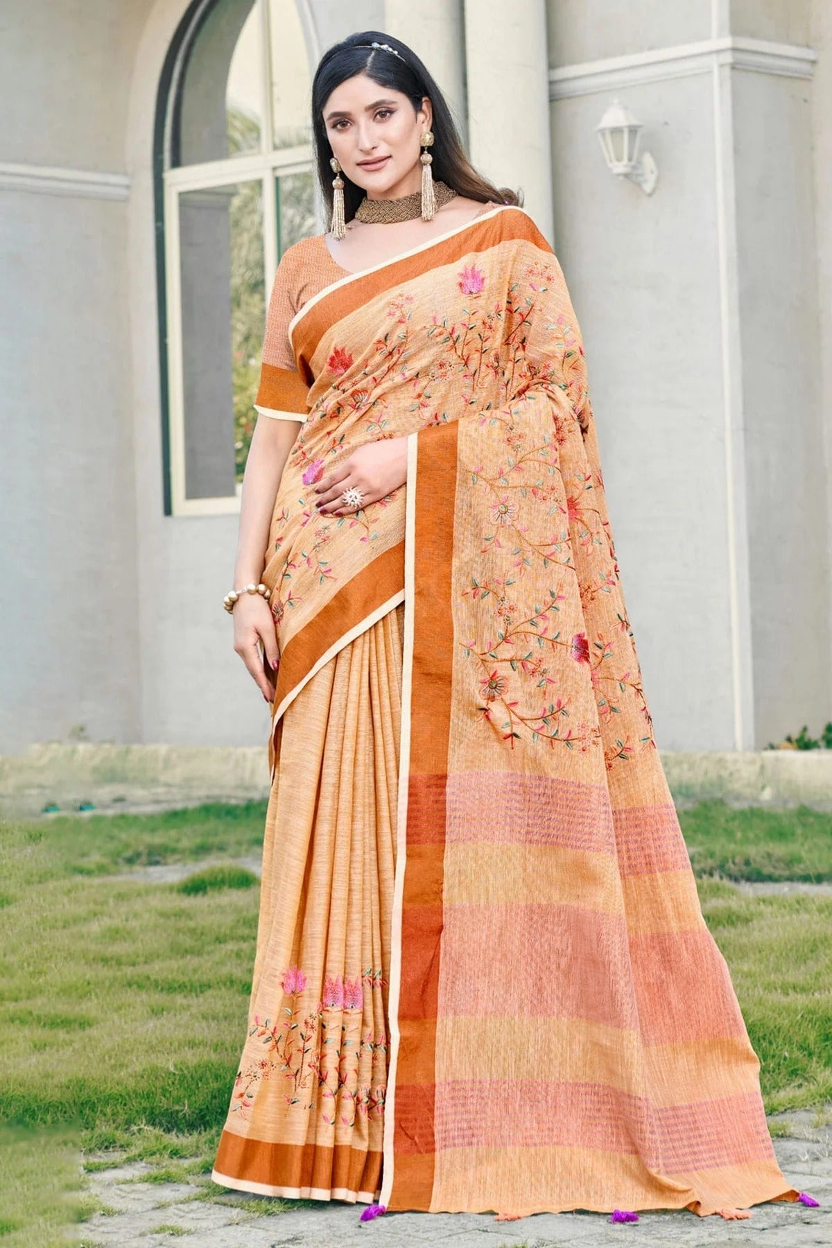 Peach Colour Embroidery Work Linen Saree SD1101599