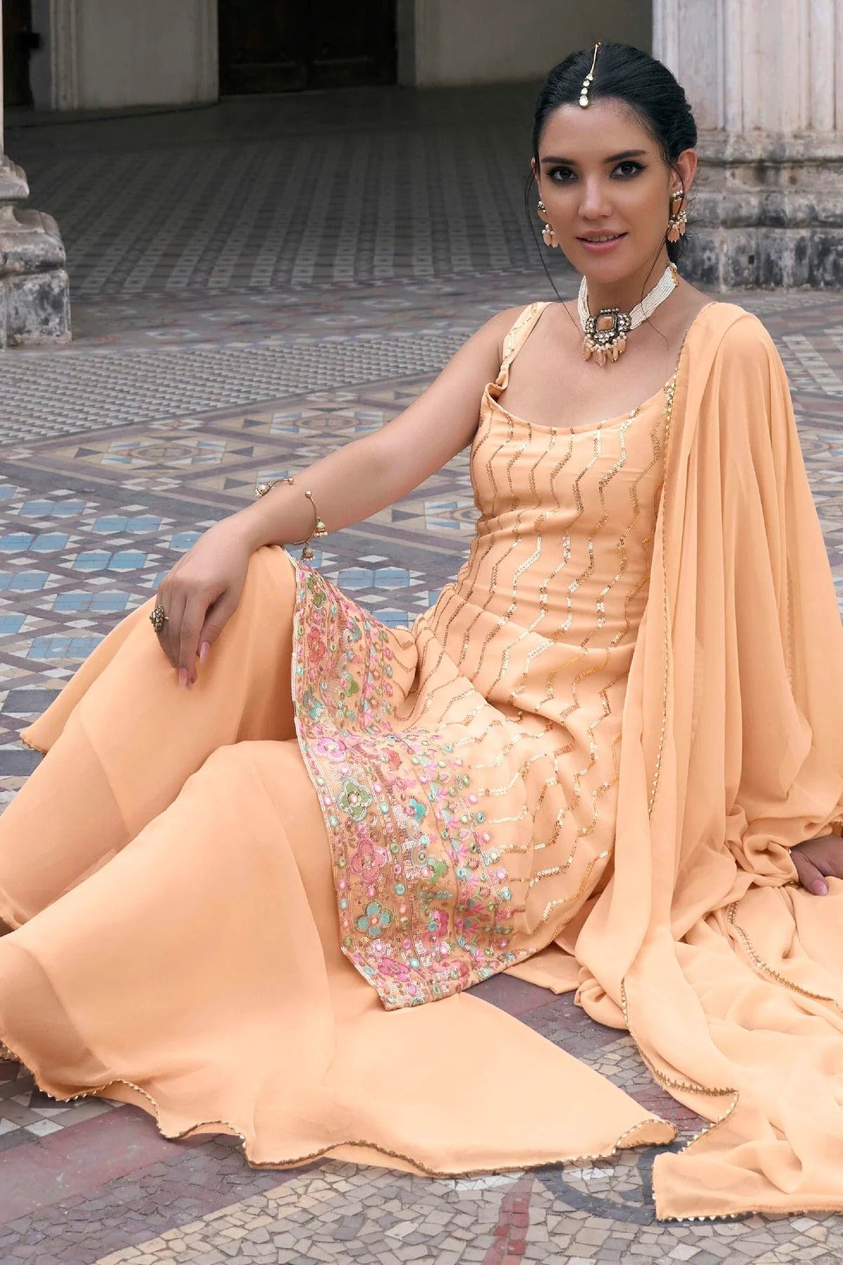 Peach Colour Faux Georgette Sharara Suit SM1140047 A