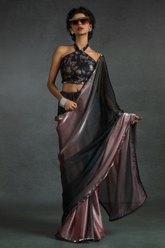 Peach Colour Fendi Satin Silk Ready To Wear Saree