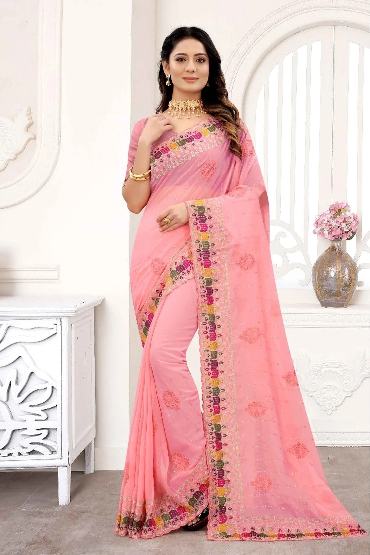 Peach Colour Georgette Embroidery Saree SD1090285